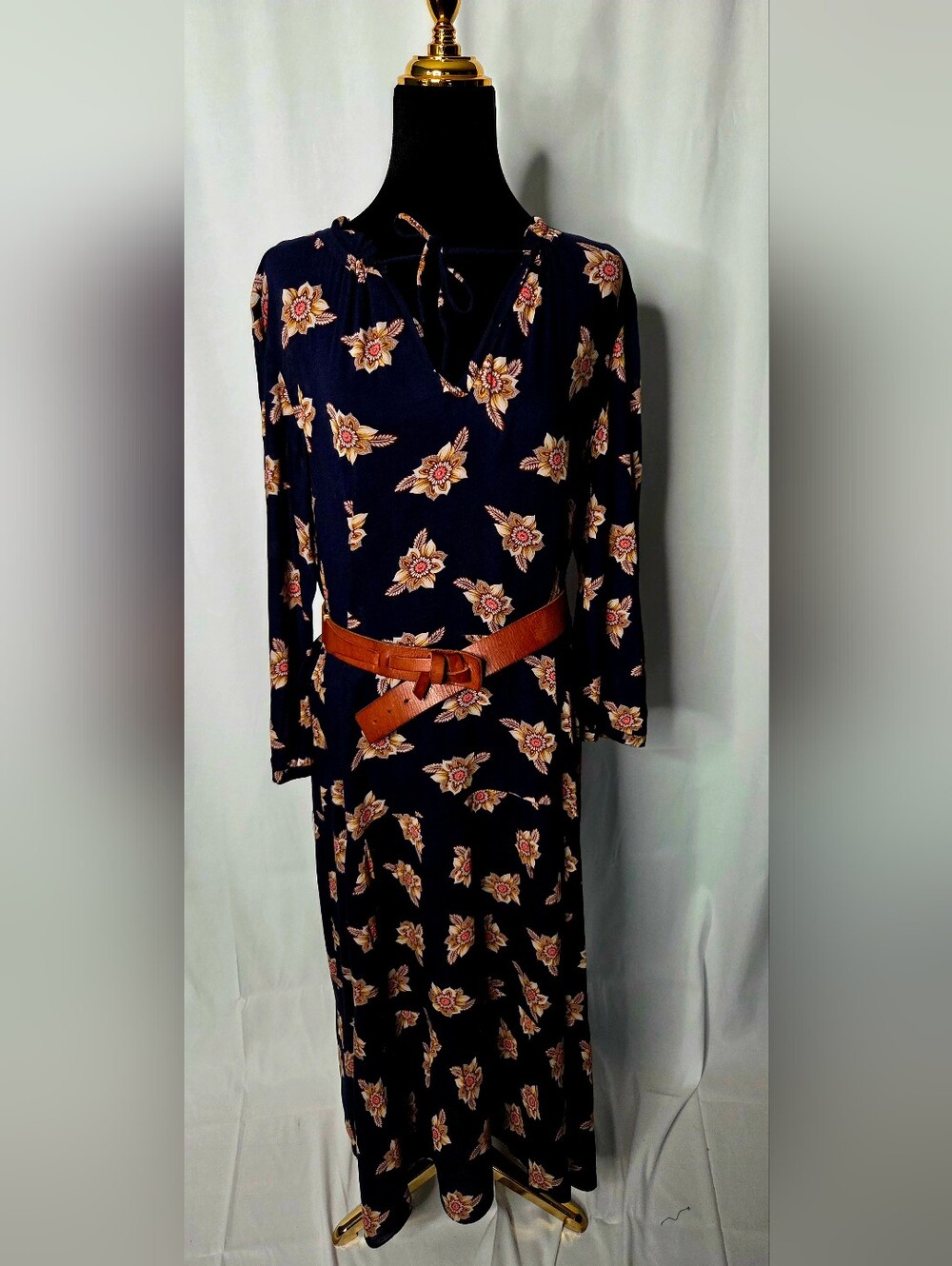 LOFT Navy Floral Long Sleeve Dress with Brown Belt Accent
